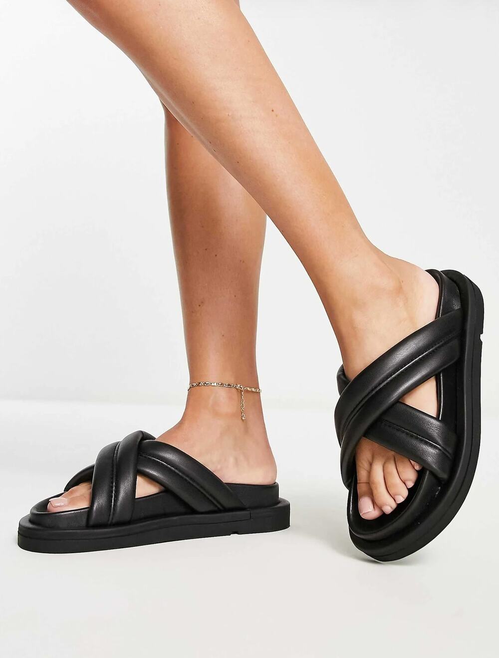 Mango Womens 38 Black Padded Cross Strap Faux Leather Platform Slide Sandals